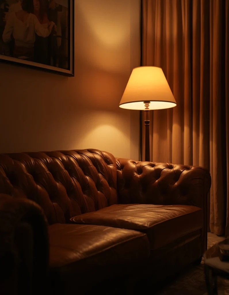 Lounge ideas with brown leather sofa and coffee table with built-in storage for organized modern living room decor.
