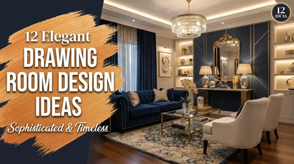 16:9 thumbnail featuring 12 elegant drawing room design ideas with sophisticated navy blue and gold decor