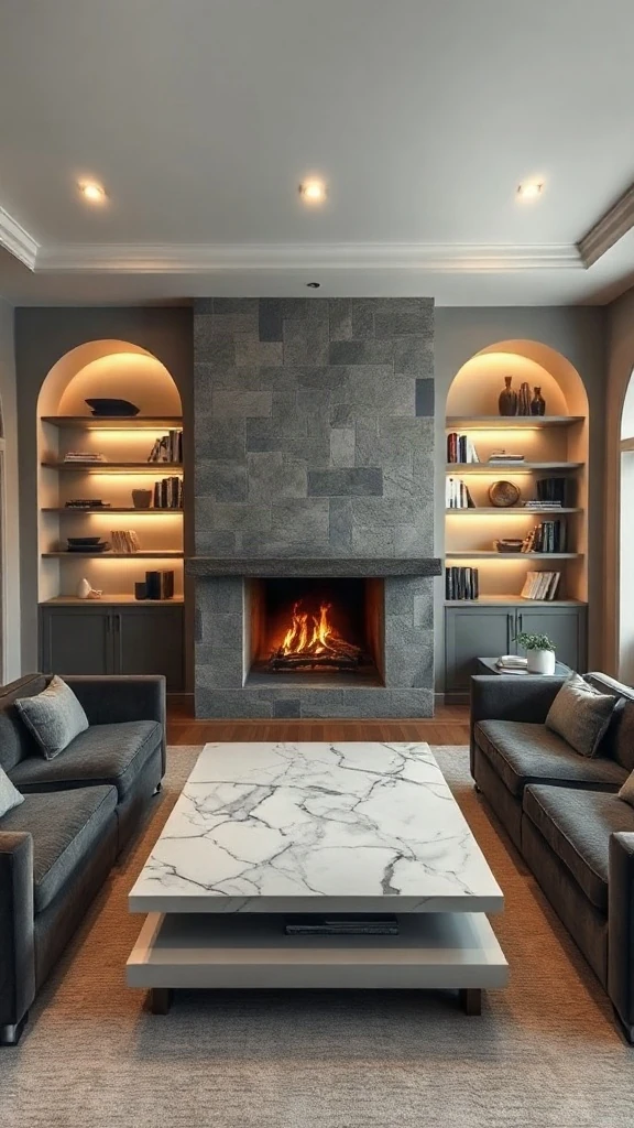 Symmetrical Grandeur: Dual Sofas & Centerpiece Fireplace - 12 Elegant Drawing Room Design Ideas