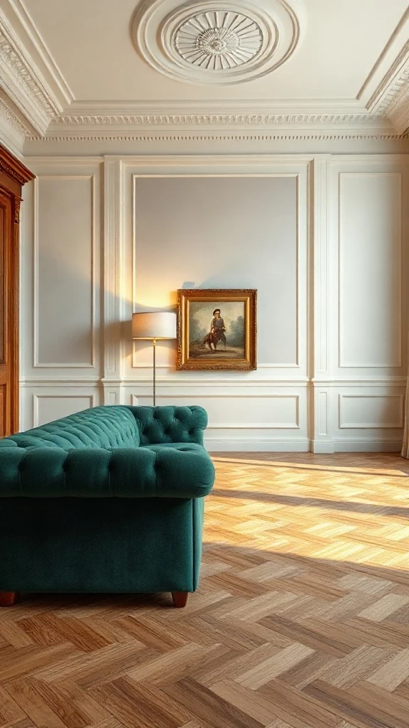 Velvet Luxe Chesterfield & Architectural Molding - 12 Elegant Drawing Room Design Ideas