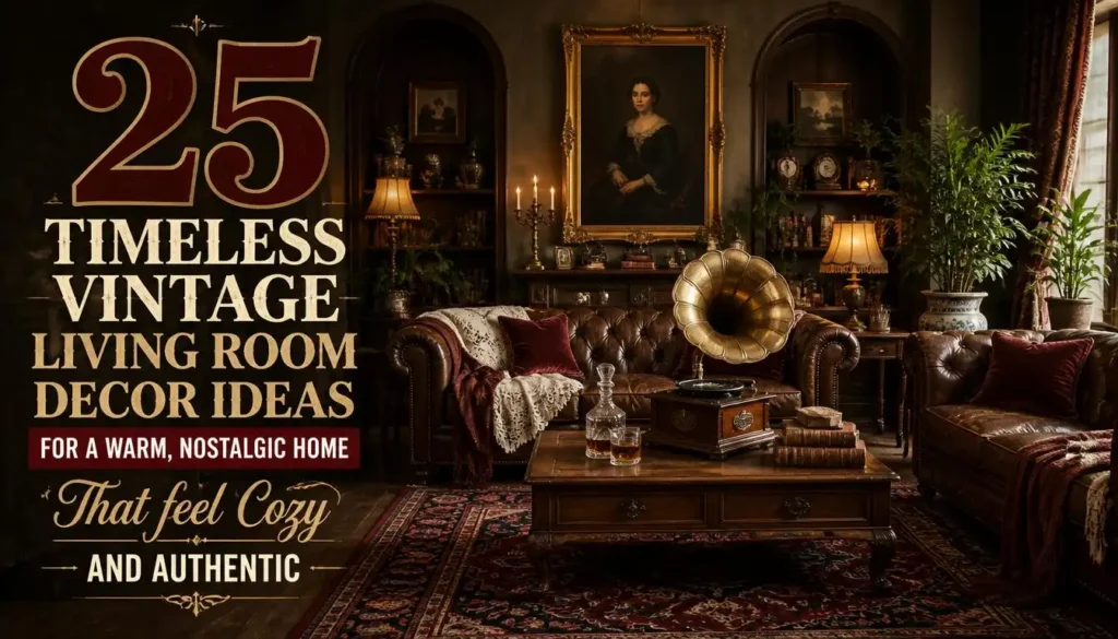 Cozy vintage living room with dark green walls, brown leather couches, an antique rug, and overlaid text reading "25 Timeless Vintage Living Room Decor Ideas for a Warm, Nostalgic Home That Feel Cozy and Authentic."