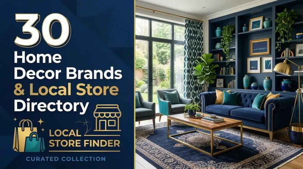 30 Home Decor Brands and Local Store Directory Guide featuring a stylish navy blue living room decor
