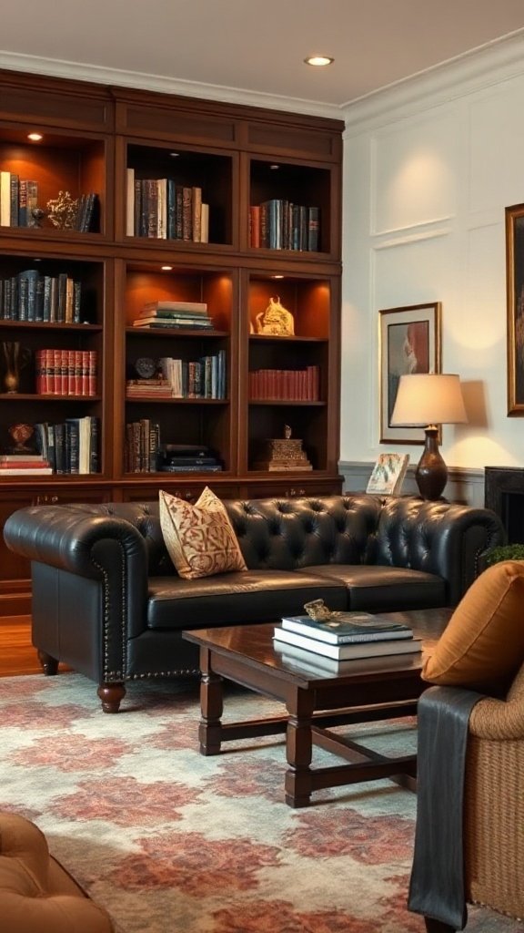 The Chesterfield Statement: Black Leather with Brown Wood - 20 Stunning Black and Brown Sofa Ideas