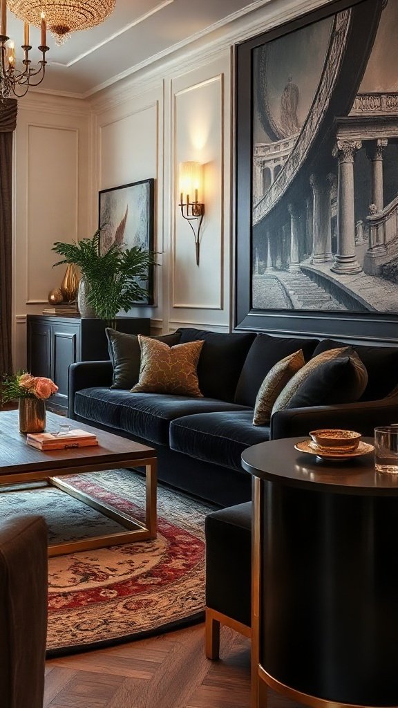 Velvet Noir: Black Velvet Sofa with Brown Wood Accents - 20 Stunning Black and Brown Sofa Ideas
