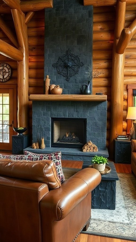 Cozy Cabin Vibe: Brown Sofa with Black Stone Details - 20 Stunning Black and Brown Sofa Ideas