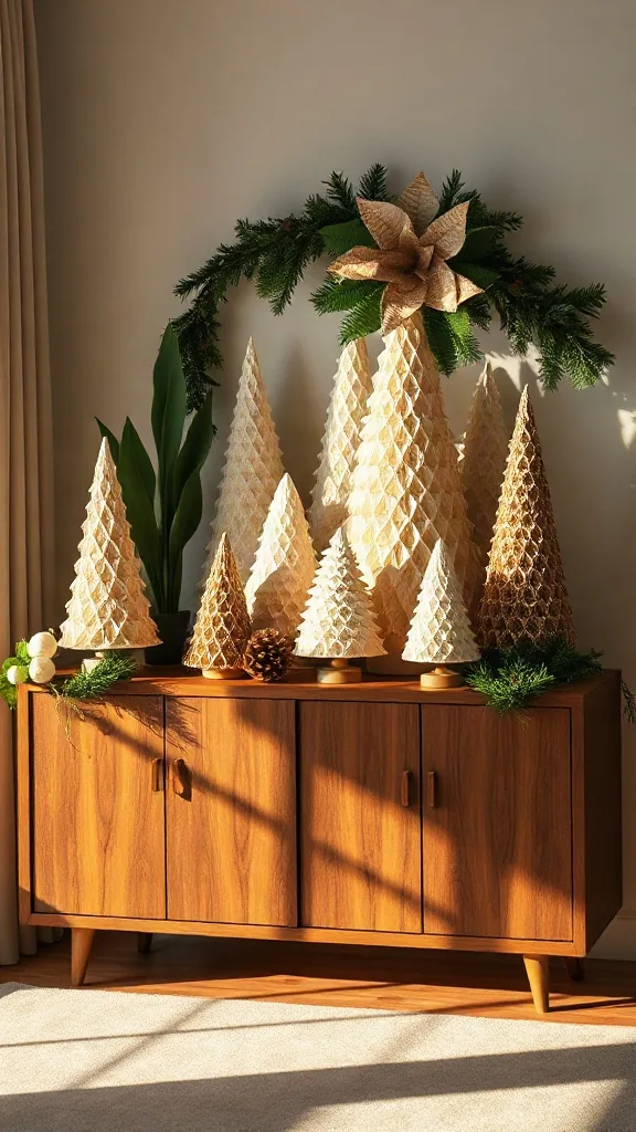 Mid-century walnut credenza decorated with a forest of geometric accordion folding paper trees in earthy tones.