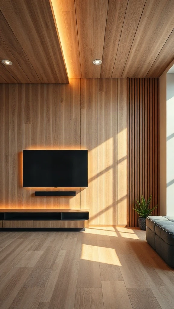 Floor-to-ceiling acoustic wood slat panel wall with an integrated television and warm LED backlighting