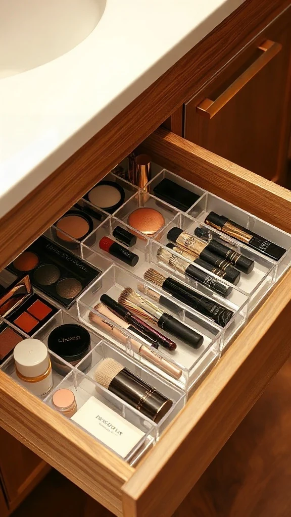 Acrylic Drawer Dividers for Makeup Chaos Clear acrylic drawer dividers neatly organizing makeup palettes, brushes, and lipsticks inside a vanity drawer.