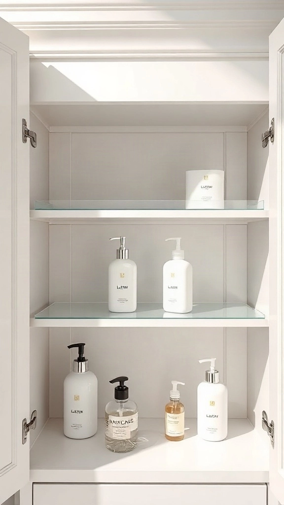 Acrylic Riser Shelves for Double-Tiered Cabinet Storage Clear acrylic shelf risers inside a white cabinet allowing lotion bottles to sit cleanly on top and below.