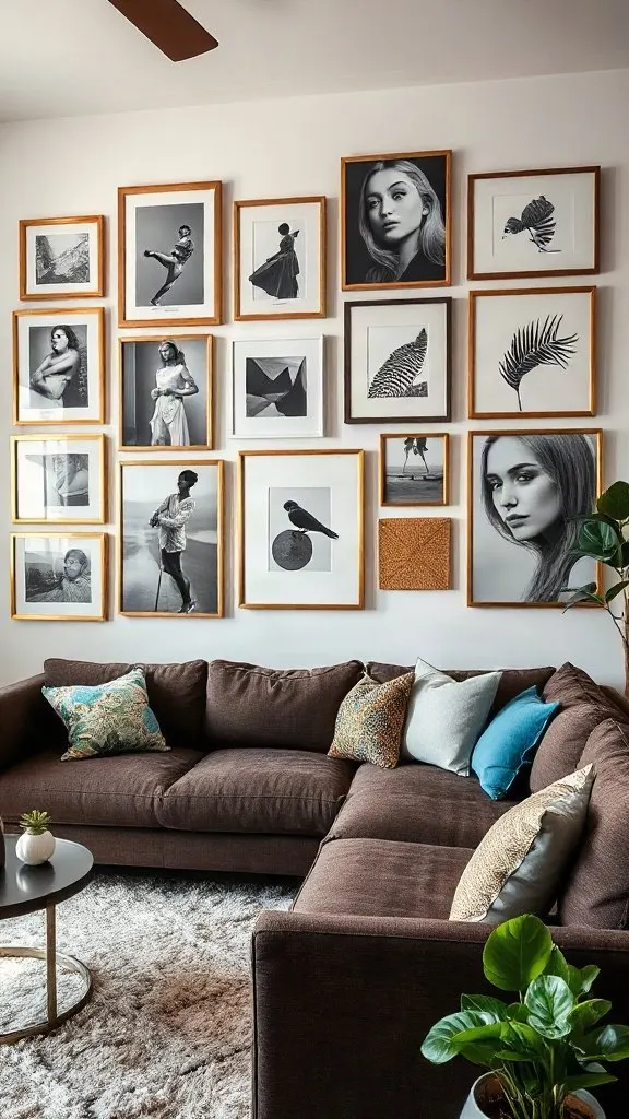 A stylish living room gallery wall with framed art and photos that add personality and character to the space.