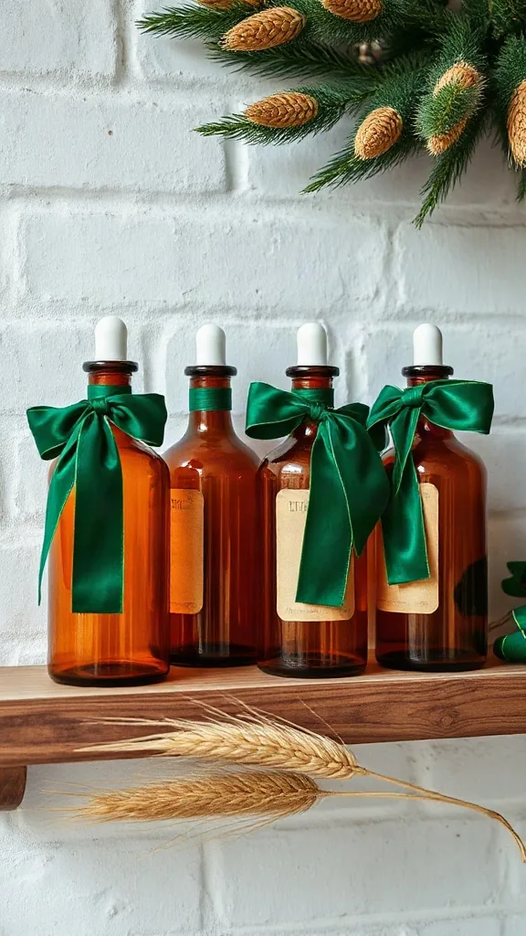 Vintage amber glass apothecary bottles on a wooden shelf decorated with rich emerald green velvet ribbons.