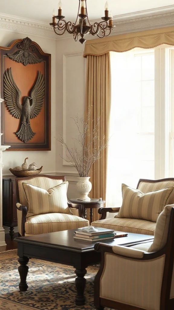 American Federal Style Mahogany Sofa Set with Eagle Motifs Traditional living room set displaying an American Federal style room with carved eagle crests on mahogany and striped silk.