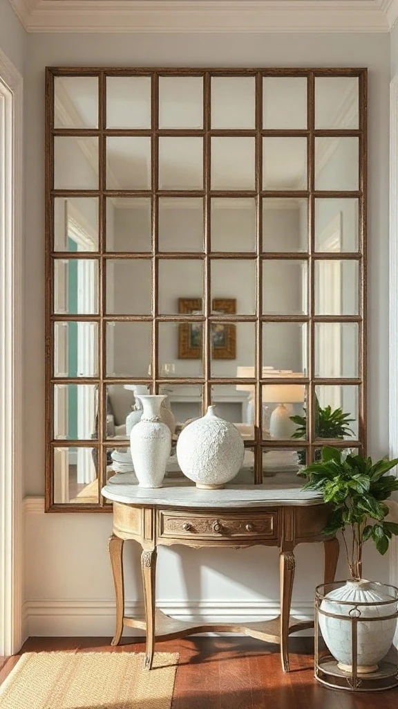 Antiqued foxed mirror grid wall behind a distressed French demilune table in chic entryway decor.