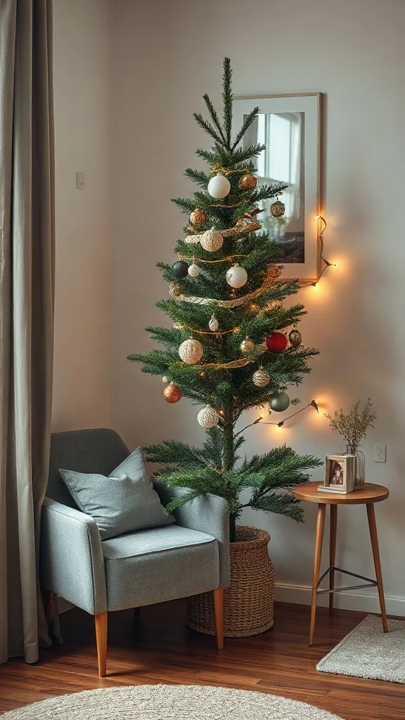 A narrow 5-foot pencil pine Christmas tree nestled in an apartment corner beside a grey velvet armchair.