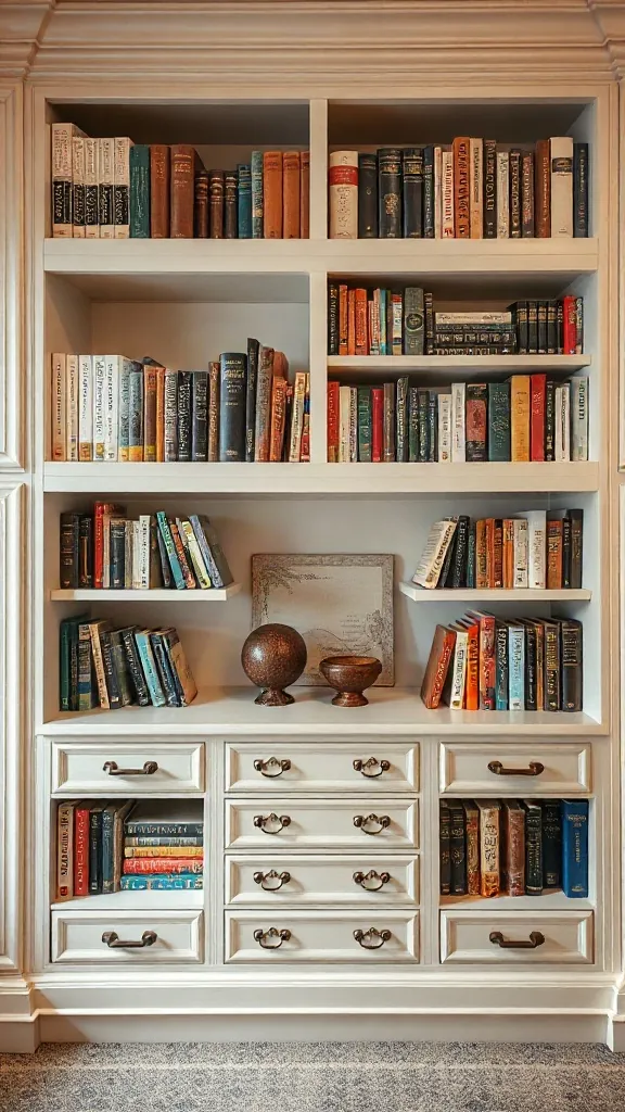 Vintage Apothecary Drawer Base Unit Antique apothecary drawers forming base unit beneath open library book shelving.