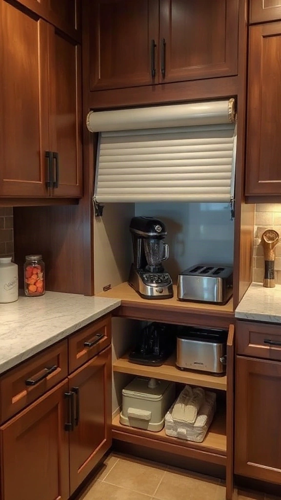 Kitchen counter with a dedicated roll-up appliance garage for blenders and toasters.