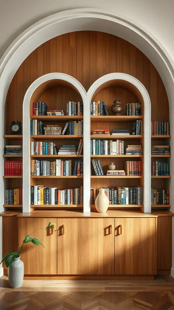 Arch-Top Built-In Nook Bookshelves Plaster arch-top built-in bookshelf nook filled with warm wood shelves and books.