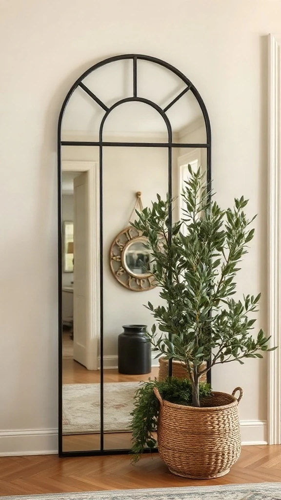 Large arched black metal floor mirror positioned beside a potted indoor olive tree in an entry.