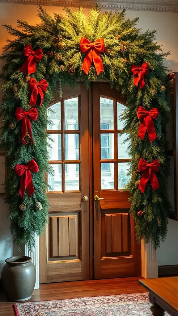 Interior double doorway framed with an oversized cedar and pinecone garland featuring long velvet ribbon bows.