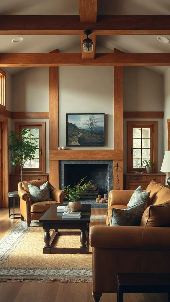 Arts and Crafts Oak Living Room Suite with Leather Cushions Traditional living room set displaying a warm Arts and Crafts room with quarter-sawn white oak and brown leather.