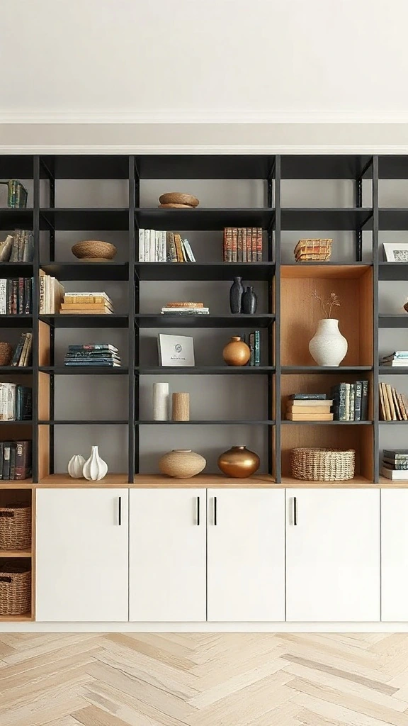 Asymmetrical Open-and-Closed Cabinetry Asymmetrical modern library unit with black metal frames, oak inserts, and white doors.
