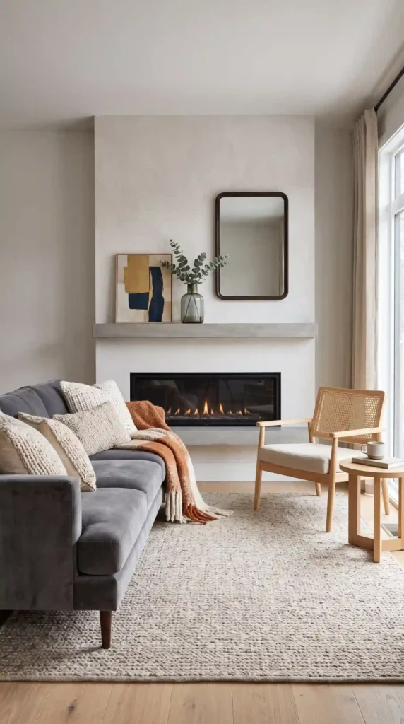 An asymmetrical living room layout featuring a modern fireplace balanced by a dark grey sofa on one side and a woven cane accent chair on the other.