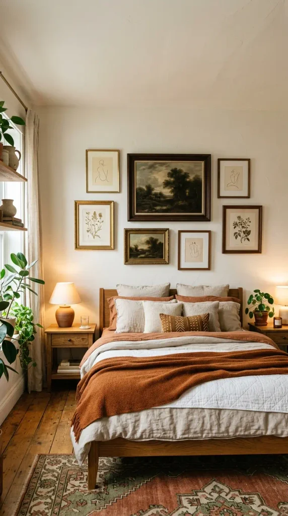 A relaxed, asymmetrical gallery wall featuring six to nine mixed dark walnut and antique brass frames with vintage oil landscapes and botanical prints above a bed.