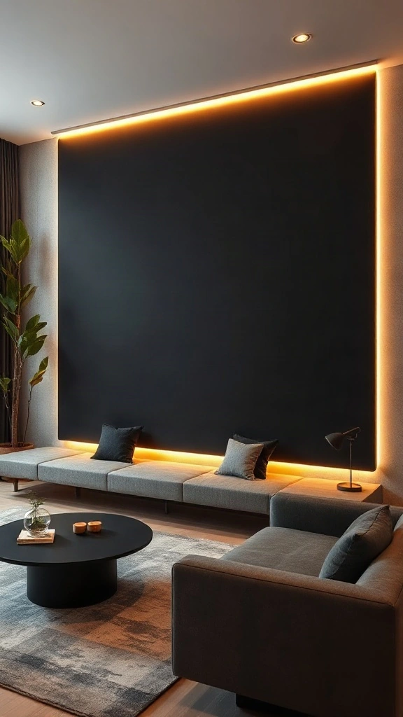 Backlit Matte Black Floating Wall Panel Futuristic yet cozy living room featuring a matte black floating drywall projection with hidden backlighting