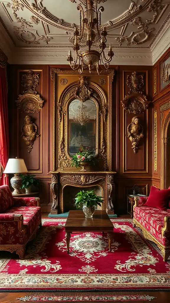 Baroque Revival Giltwood and Crimson Silk Sofa Suite Traditional living room set displaying an opulent Baroque revival parlor with heavy giltwood frames and crimson silk.