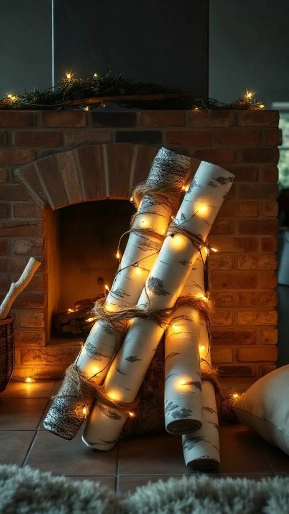 Bundles of natural white birch logs wrapped in warm LED fairy lights resting inside a dark brick fireplace.