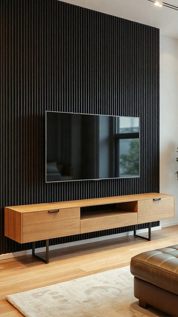 Acoustic Fluted Panels Behind Media Console Black acoustic fluted wall paneling behind a floating oak media console with hidden LED backlighting