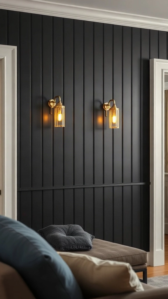 Chic Black Beadboard with Warm Brass Sconces Cozy modern cottage living room featuring vertical black beadboard paneling with elegant brass sconces