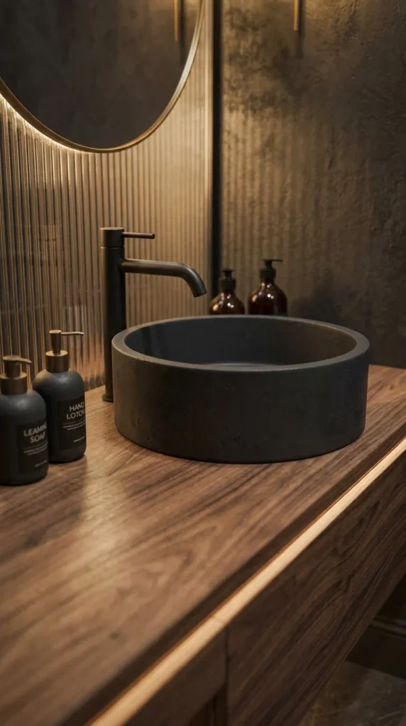 A close-up view of a dark moody bathroom featuring a black cylindrical concrete vessel sink, matte black faucet, and labeled soap bottles on a walnut wood vanity, set against backlit reeded glass and textured walls.