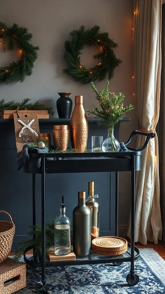 Matte black bar cart styled with hammered copper cocktail shakers, fresh pine sprigs, and delicate fairy lights.