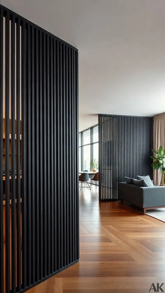 Symmetrical Black Slatted Room Divider Wall Open-concept living space with a floor-to-ceiling slatted wood screen painted in uniform matte black
