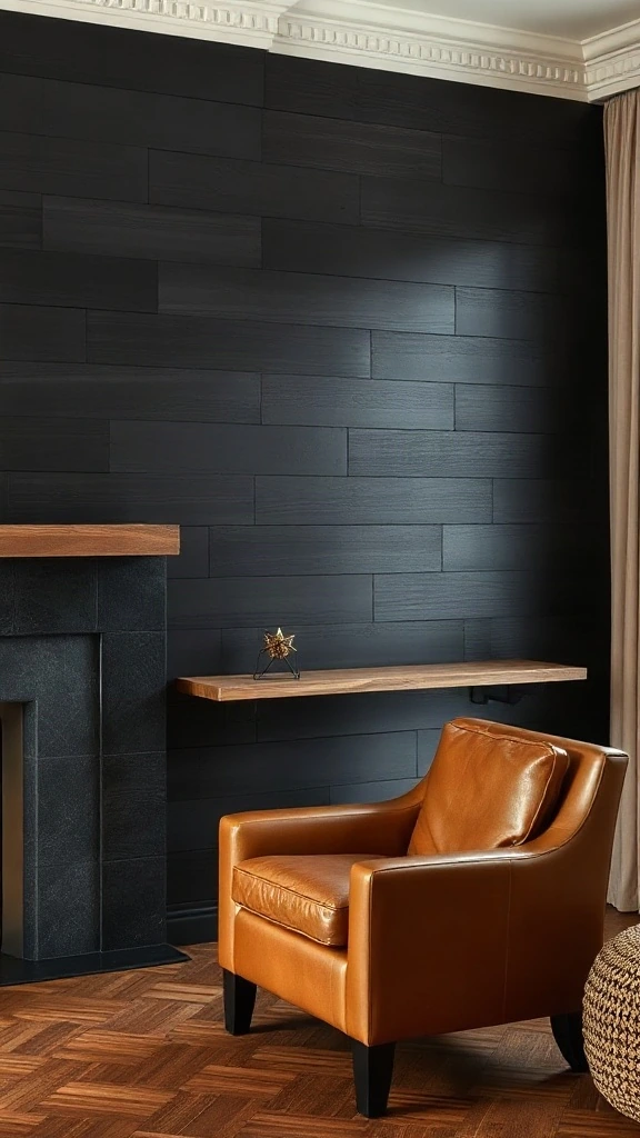 Black-Stained Wood Herringbone Planks Contemporary living room focusing on an accent wall made of solid wood planks in a herringbone pattern
