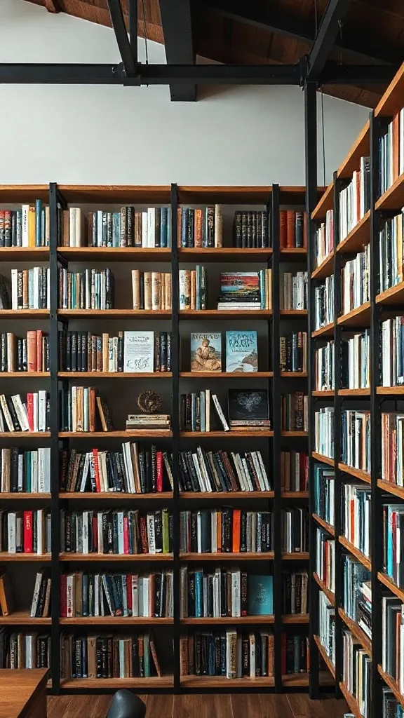 Blackened Steel Frame and Reclaimed Timber System Industrial matte black steel frame holding chunky reclaimed oak open library shelves.