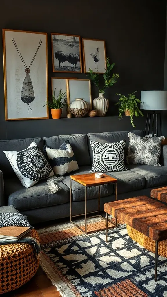 The Graphic Mudcloth Pillow Stack Black and white authentic Mali mudcloth pillows layered on a deep charcoal grey sofa.