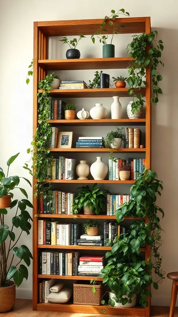 The Urban Jungle Bookshelf Tall open wooden bookshelf styled with ceramics and cascading pothos and string of hearts trailing plants.
