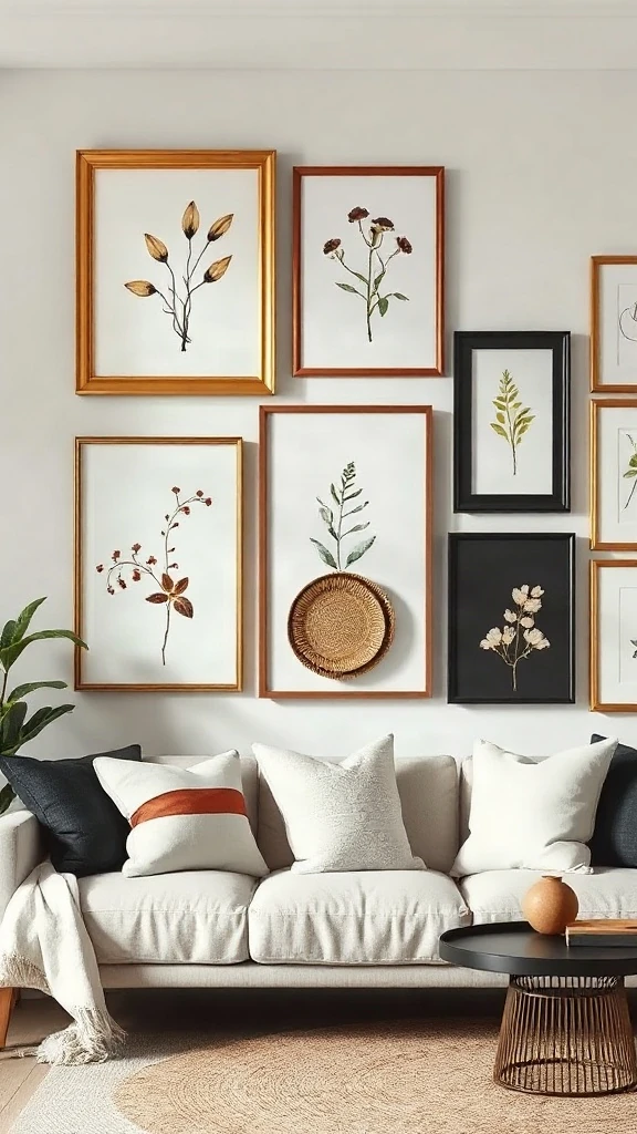 The Thrifty Gallery Wall Eclectic boho gallery wall featuring mismatched wooden and gold frames, botanical prints, and woven wall art.