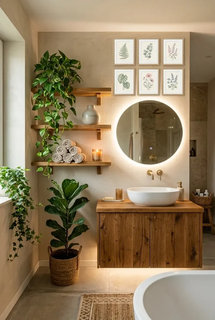 Botanical art gallery wall bathroom featuring framed plant prints and vintage floral illustrations arranged above a modern vanity.