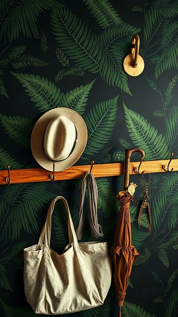 Moody dark botanical wallpaper with antiqued brass coat hooks for vintage entryway decorations.