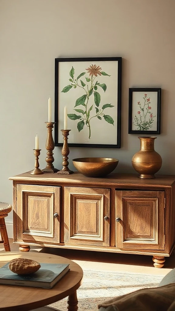 The Curated Brass and Copper Vignette Antique brass candlesticks and a beaten copper bowl on a vintage wooden sideboard in a boho room.