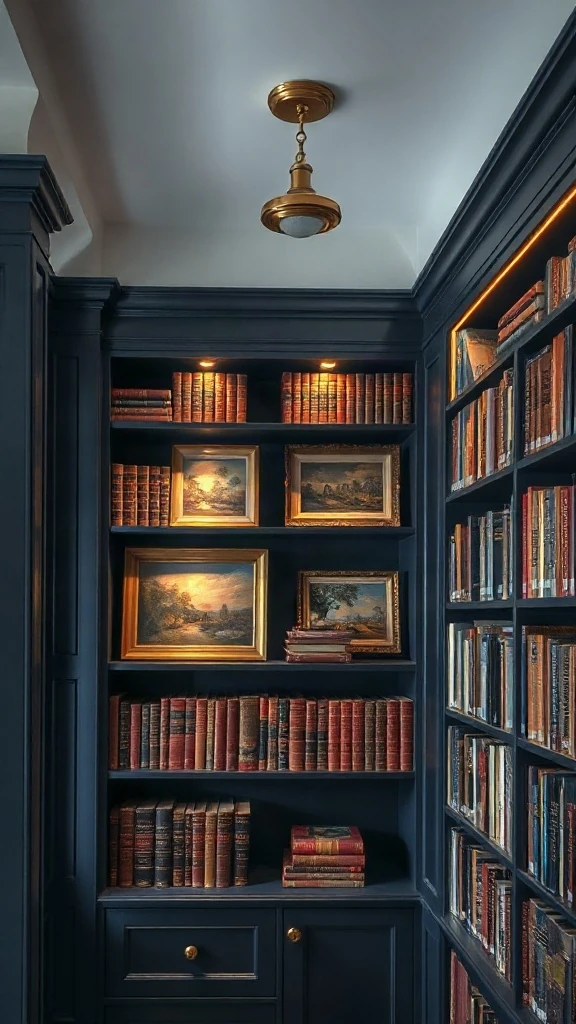 Brass Accent Picture Light Grid Dark navy bookcases topped with brass picture lights illuminating organized book stacks.