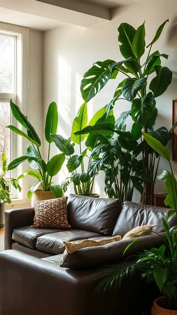 A vibrant living room decor featuring lush indoor potted plants that bring fresh energy and green natural accents into the space.