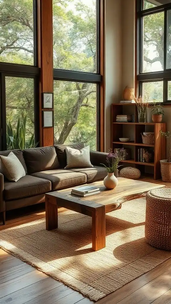 An organic modern living space featuring natural wood furniture, neutral tones, and subtle greenery for a warm, grounded look.