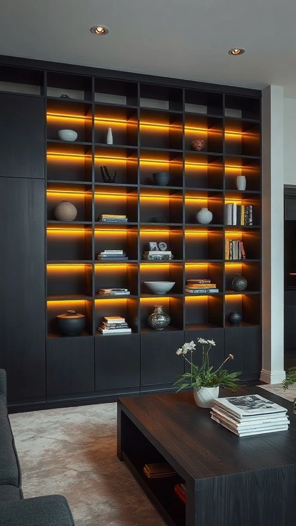 Integrated Black Oak Architectural Bookshelves Sleek modern living room with a full-wall built-in bookcase crafted from rift-sawn oak stained in midnight