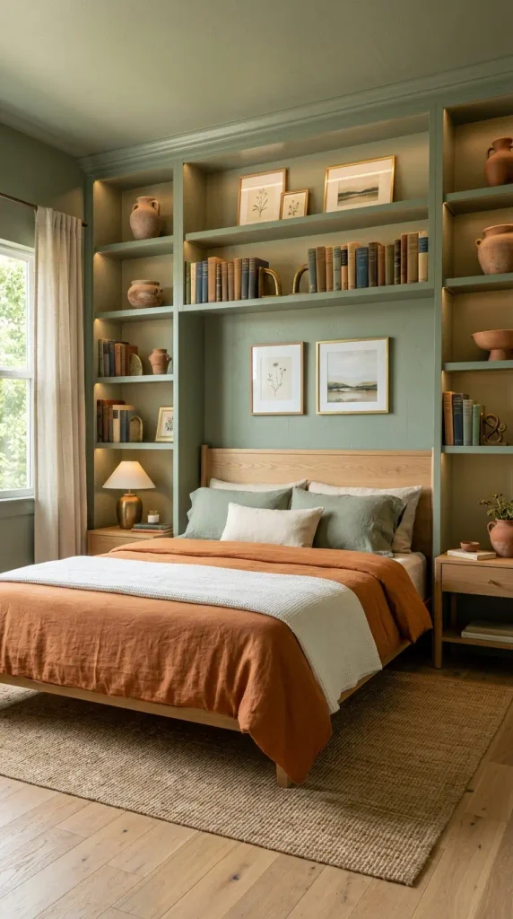 A bedroom feature wall with custom built-in shelving surrounding the bed painted in satin sage green, styled with unglazed terracotta pottery, vintage books, and brass accents.