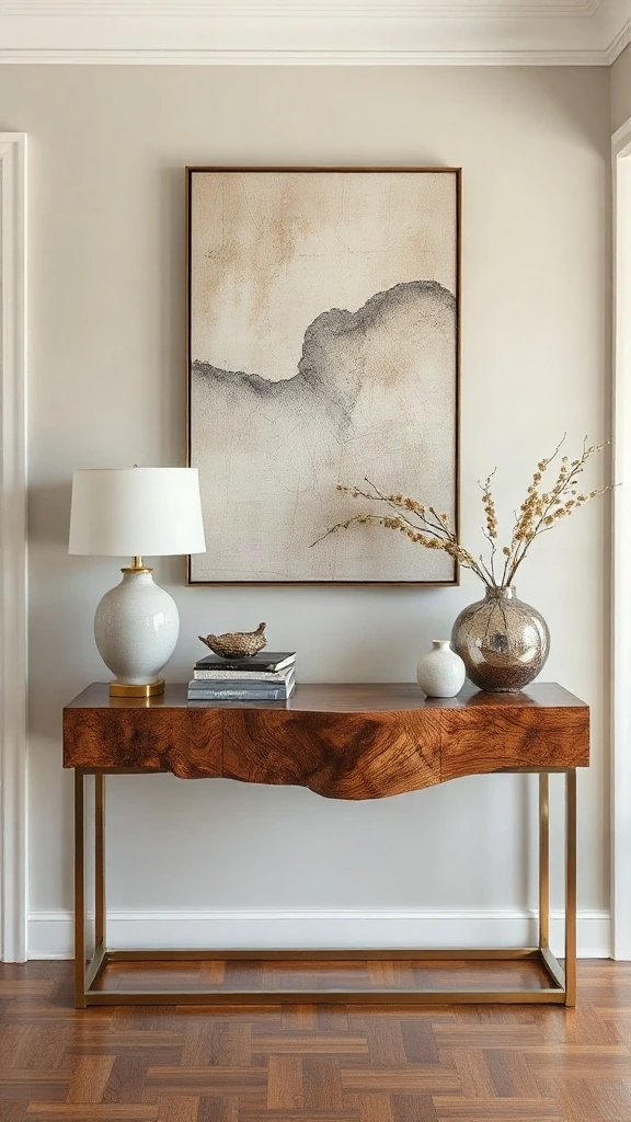 Burl wood waterfall console table styled with modern brushed nickel accents for entryway decor.