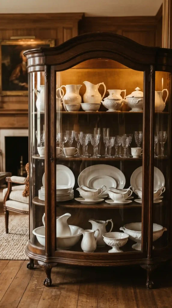 Vintage curved-glass oak curio cabinet illuminated with warm light, showcasing antique white ironstone pottery and crystal glassware in an elegant interior.